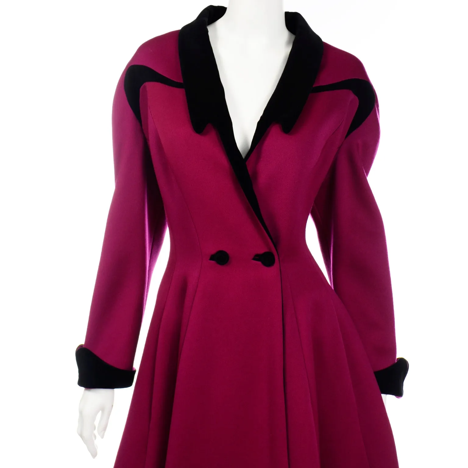 Thierry Mugler Vintage Magenta Pink Princess Coat w Black Velvet Trim