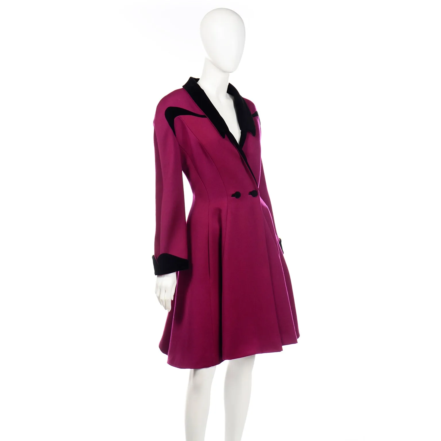 Thierry Mugler Vintage Magenta Pink Princess Coat w Black Velvet Trim