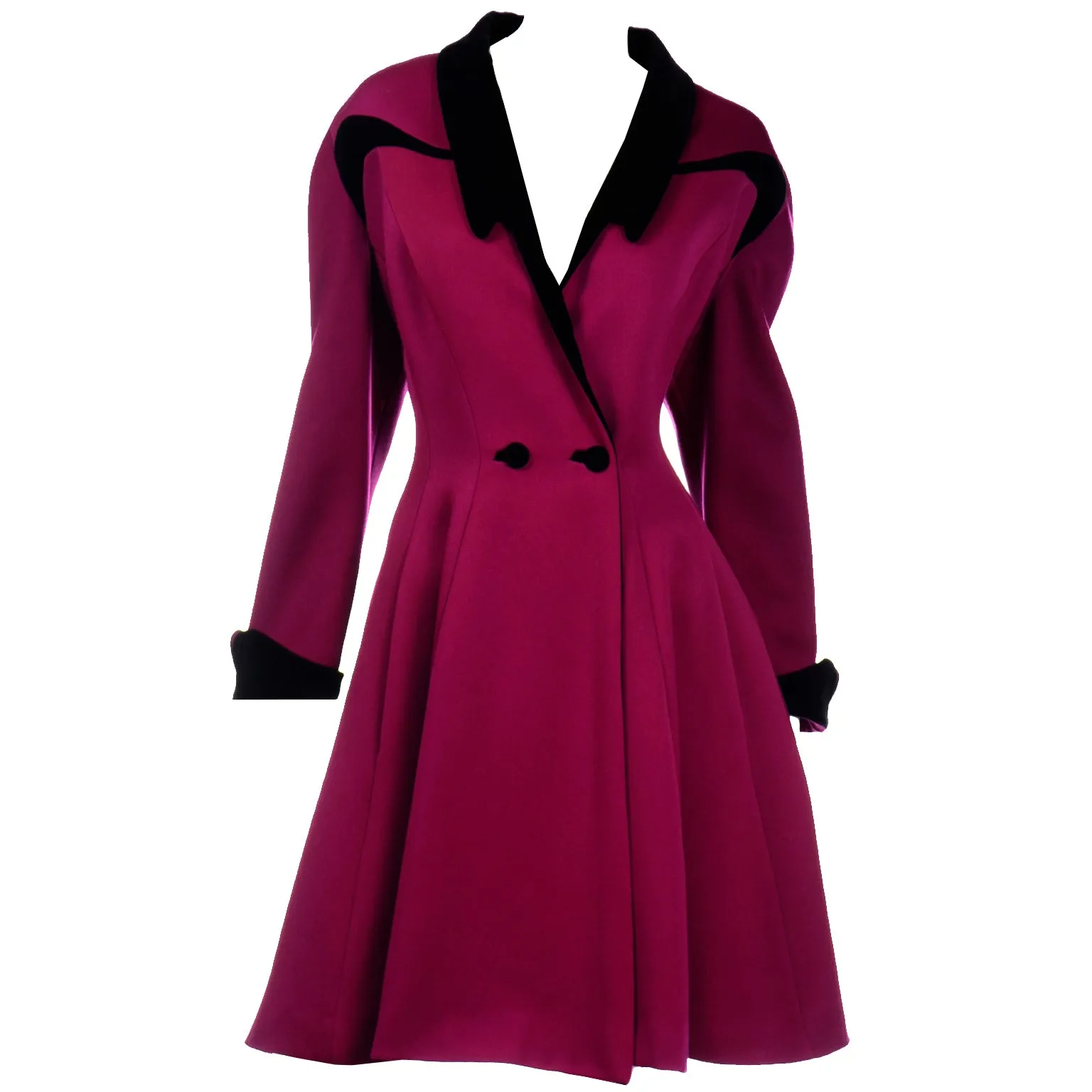 Thierry Mugler Vintage Magenta Pink Princess Coat w Black Velvet Trim