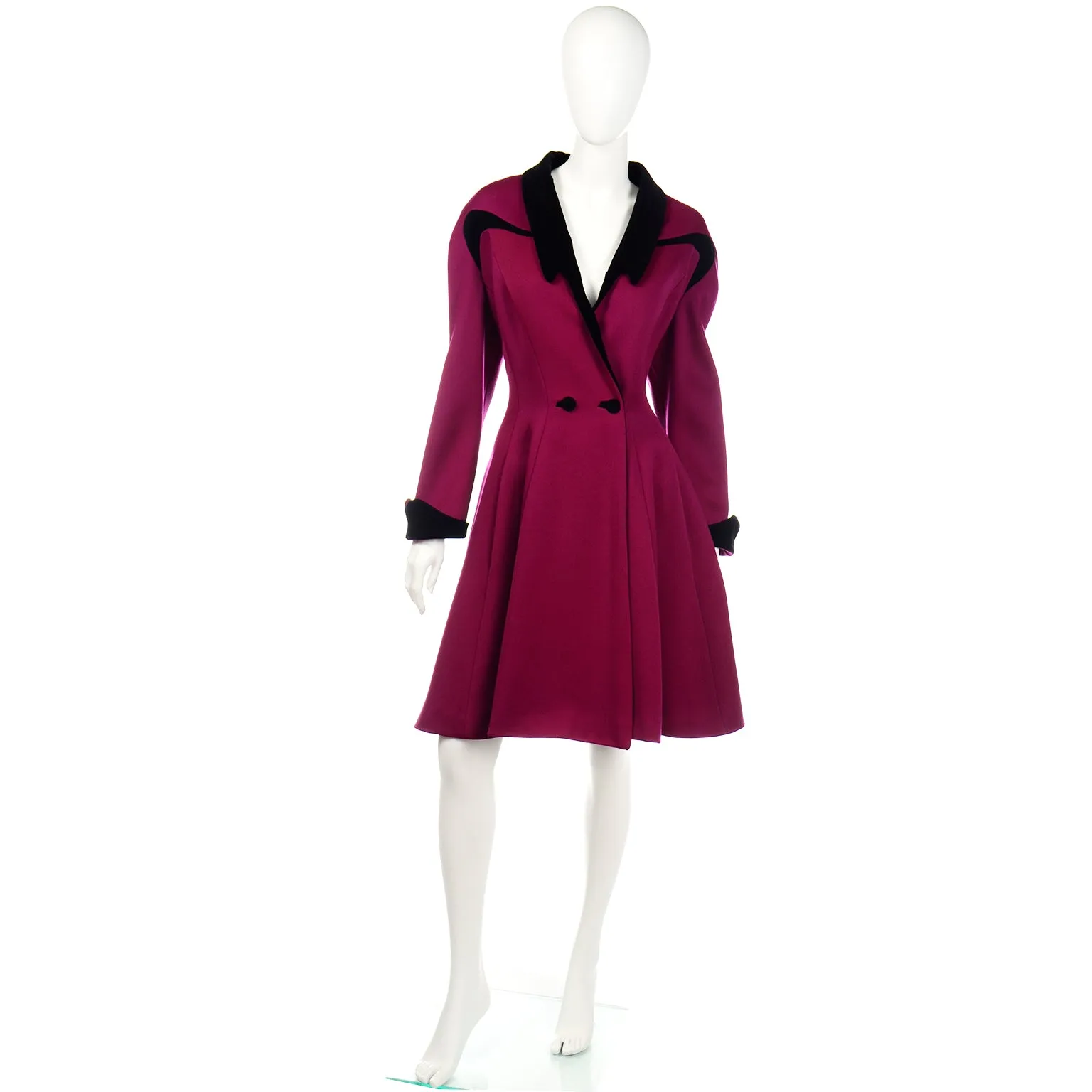 Thierry Mugler Vintage Magenta Pink Princess Coat w Black Velvet Trim