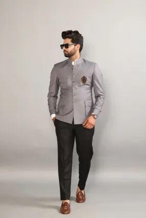 Traditional Regal Grey Bandhgala With Handmade Embroidery Signature Logo on Chest |Black Trouser| Traditional n Trendy, Designer Bandgala, Elite Gentlemen Look|