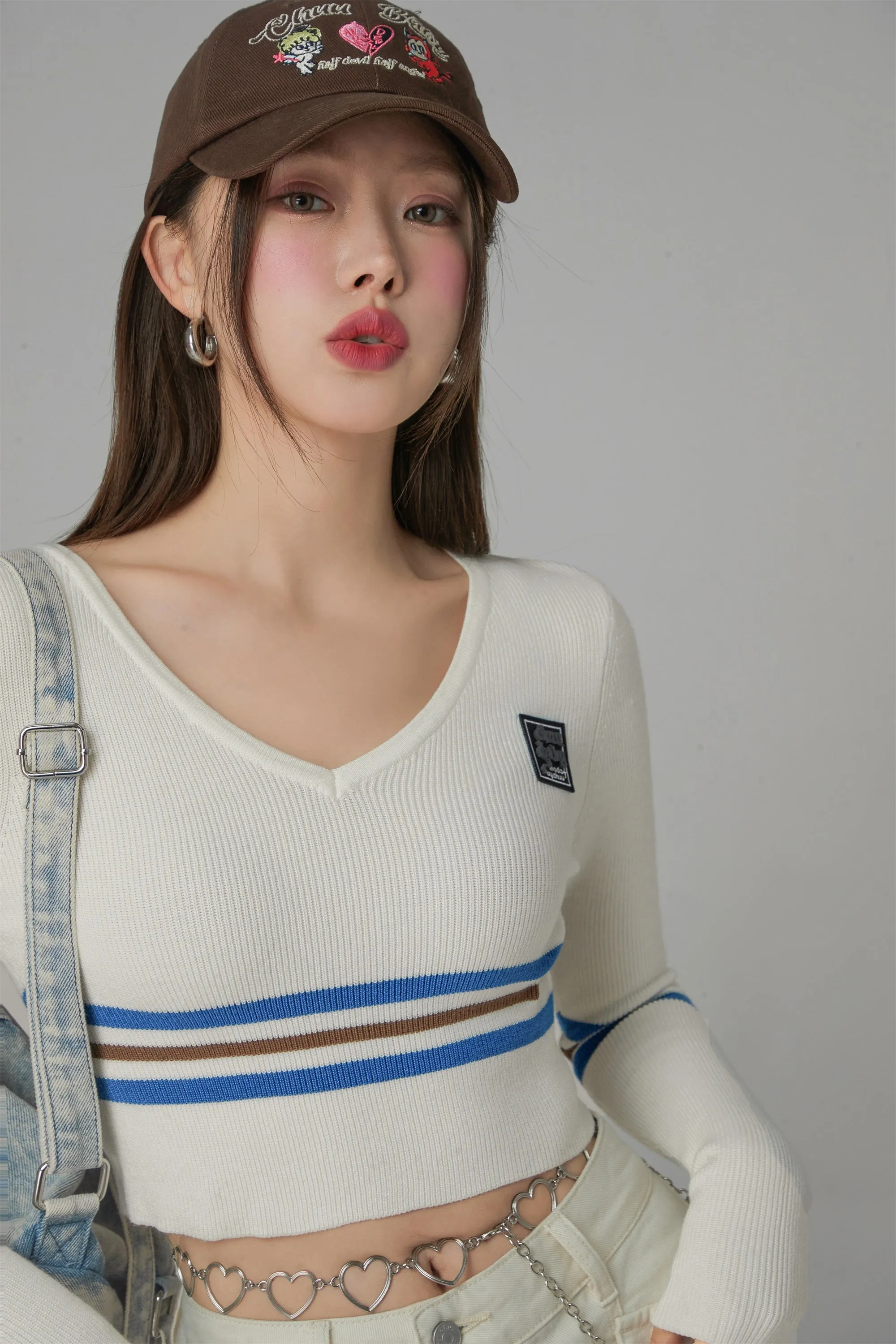 Unlock Stripes V-Neck Cropped Knit Sweater