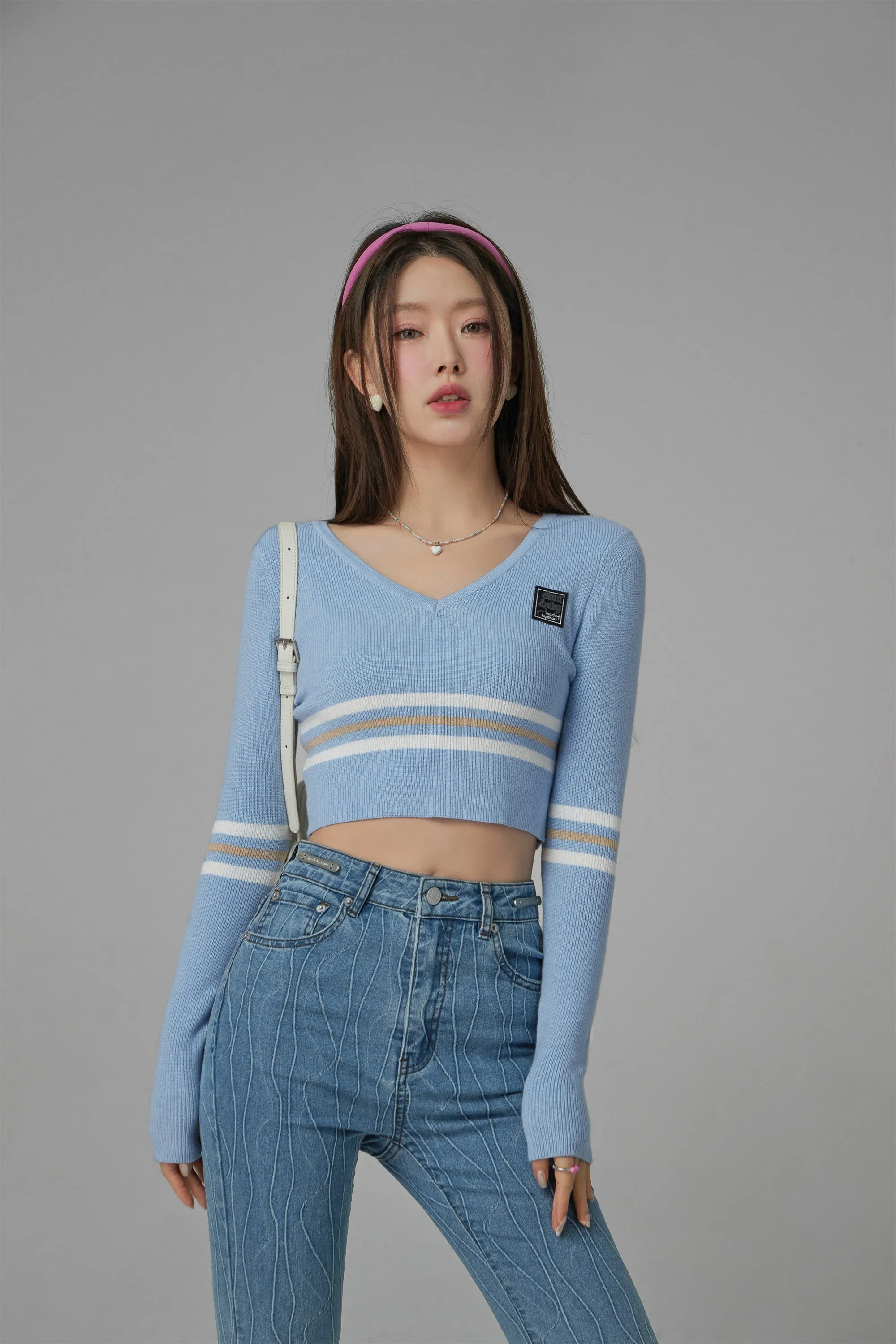 Unlock Stripes V-Neck Cropped Knit Sweater