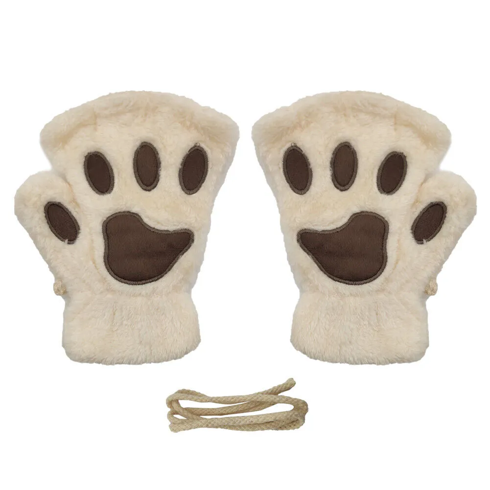 US Cat Claw Bear Paw Gloves Women Warm Plush Faux Fur Cosplay Fingerless Mittens