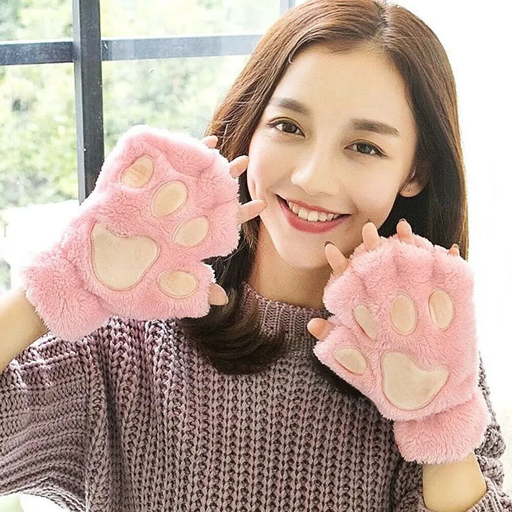 US Cat Claw Bear Paw Gloves Women Warm Plush Faux Fur Cosplay Fingerless Mittens