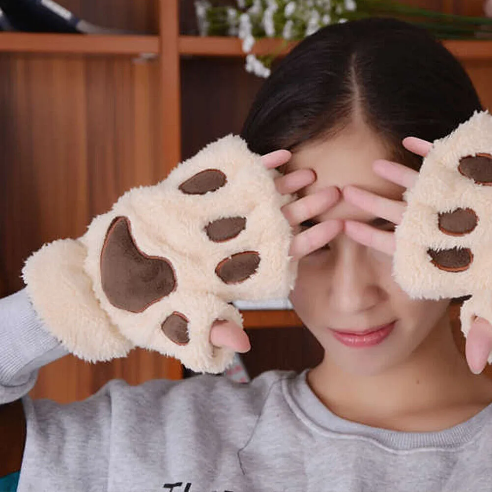 US Cat Claw Bear Paw Gloves Women Warm Plush Faux Fur Cosplay Fingerless Mittens