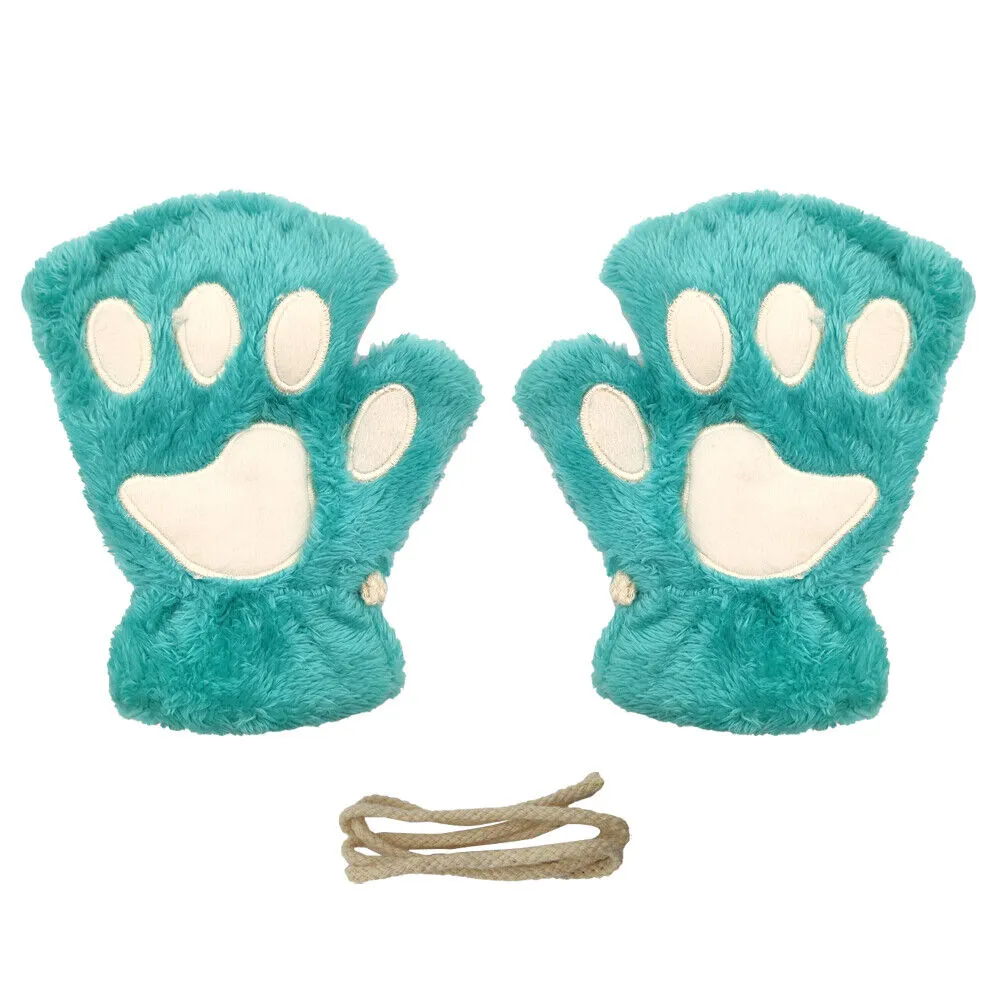 US Cat Claw Bear Paw Gloves Women Warm Plush Faux Fur Cosplay Fingerless Mittens