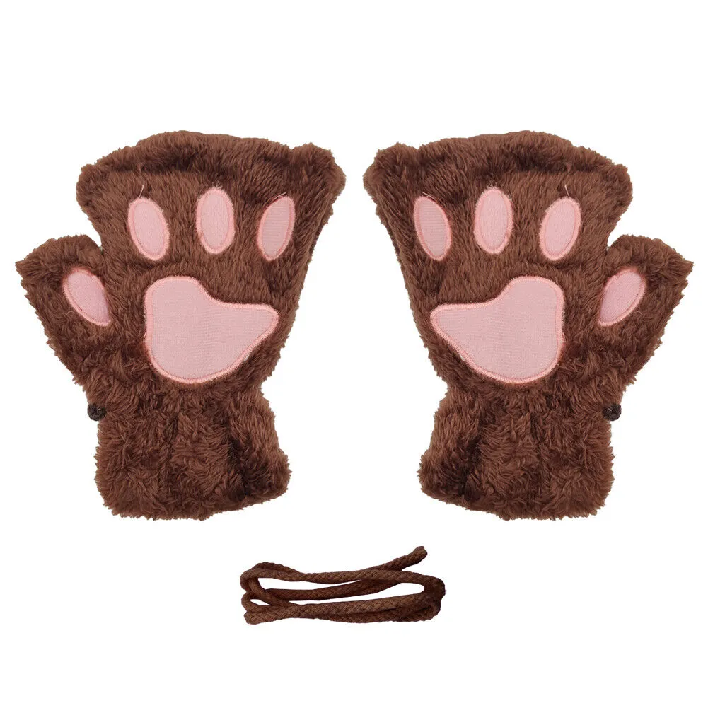 US Cat Claw Bear Paw Gloves Women Warm Plush Faux Fur Cosplay Fingerless Mittens