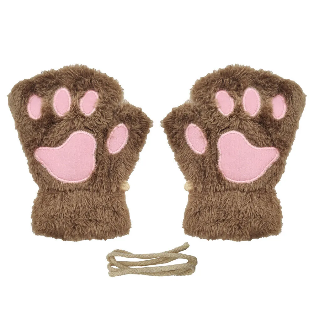 US Cat Claw Bear Paw Gloves Women Warm Plush Faux Fur Cosplay Fingerless Mittens