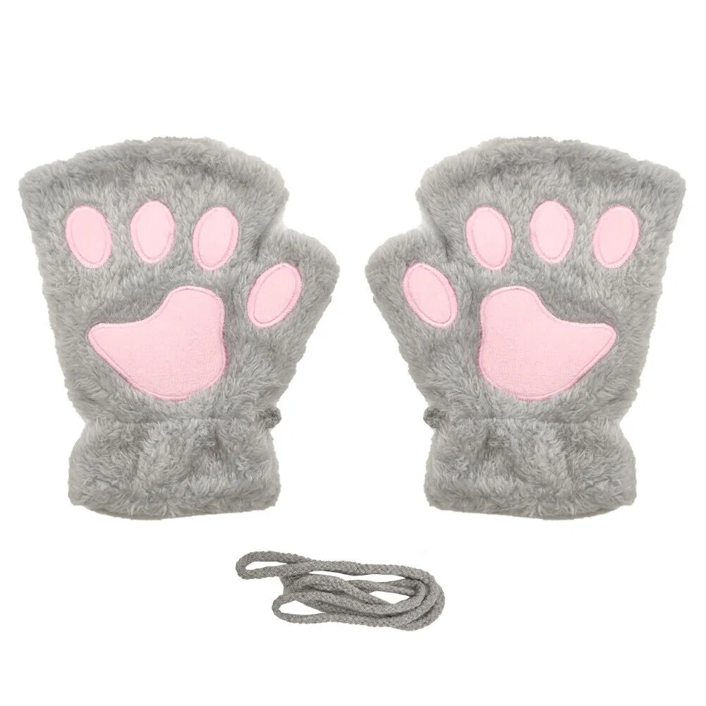 US Cat Claw Bear Paw Gloves Women Warm Plush Faux Fur Cosplay Fingerless Mittens