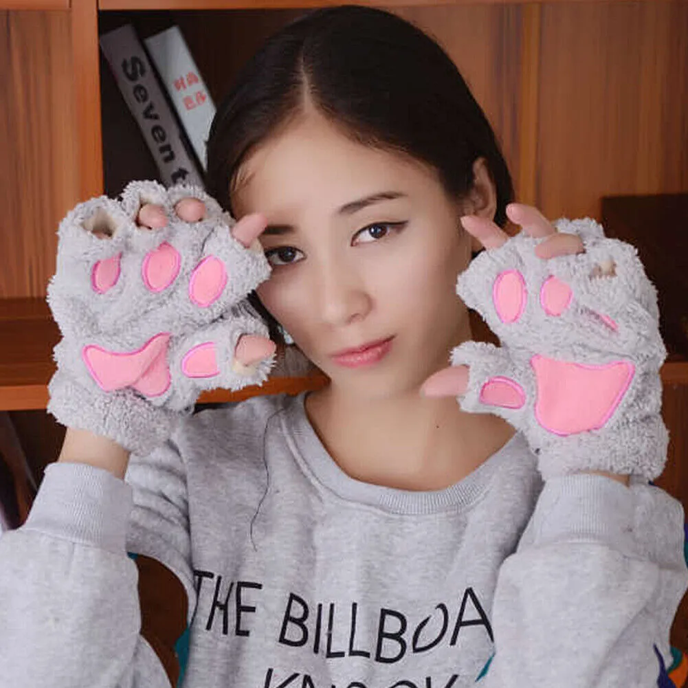 US Cat Claw Bear Paw Gloves Women Warm Plush Faux Fur Cosplay Fingerless Mittens