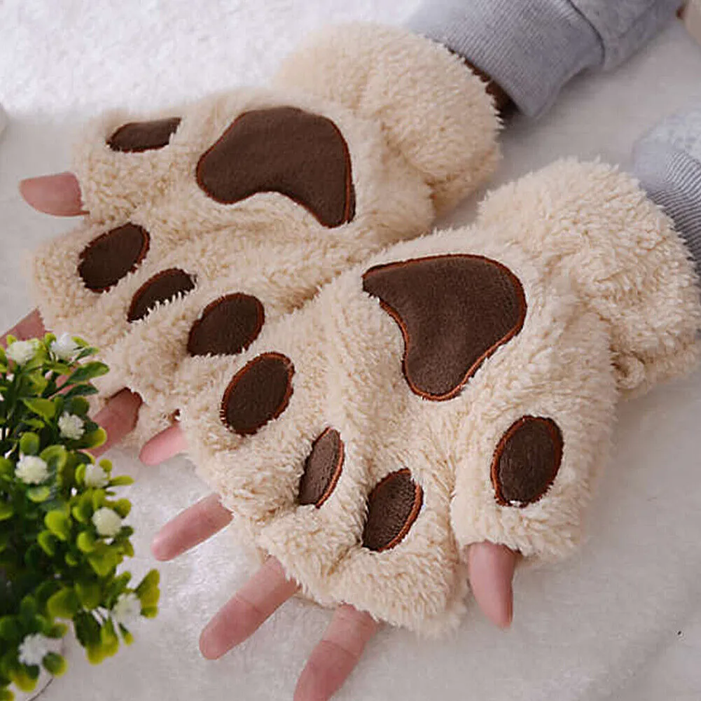 US Cat Claw Bear Paw Gloves Women Warm Plush Faux Fur Cosplay Fingerless Mittens