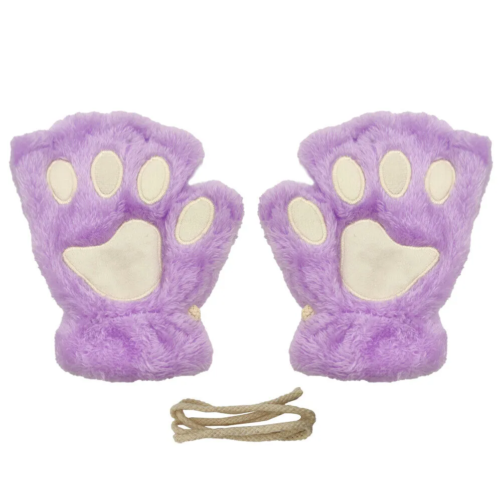 US Cat Claw Bear Paw Gloves Women Warm Plush Faux Fur Cosplay Fingerless Mittens