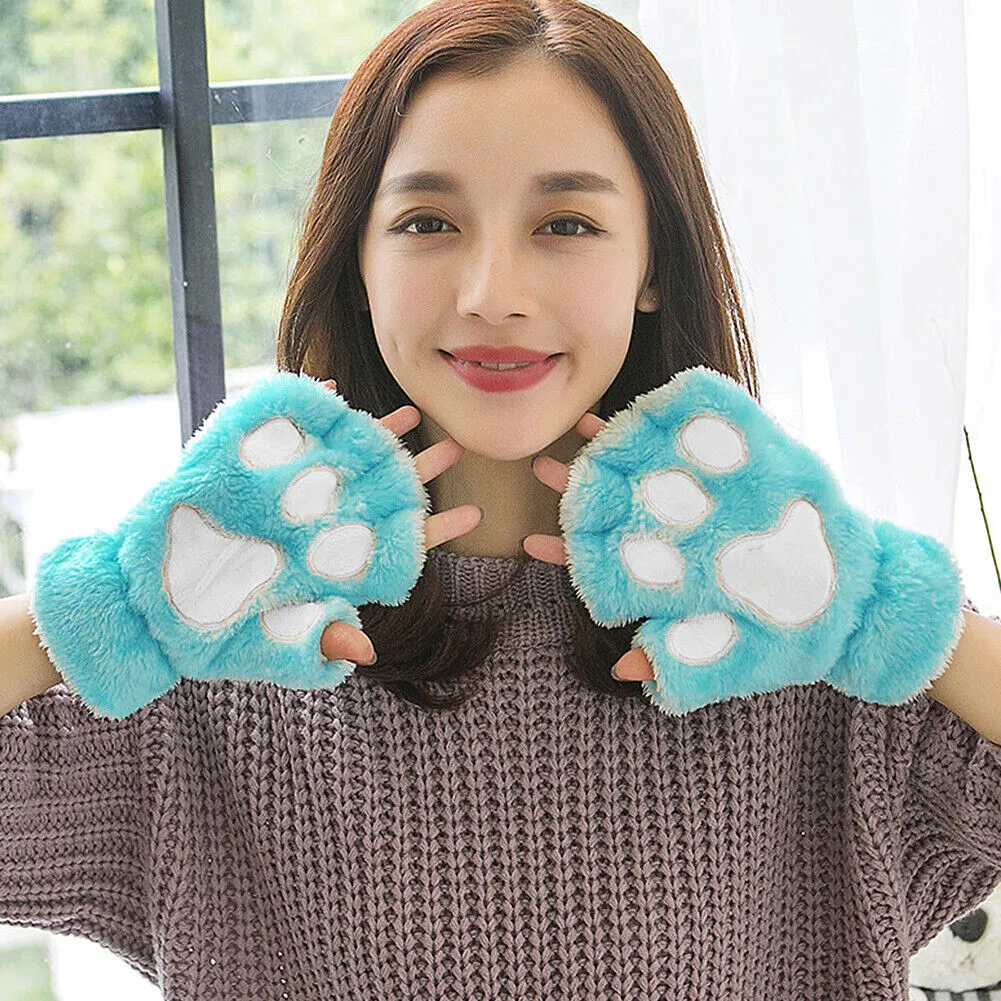 US Cat Claw Bear Paw Gloves Women Warm Plush Faux Fur Cosplay Fingerless Mittens