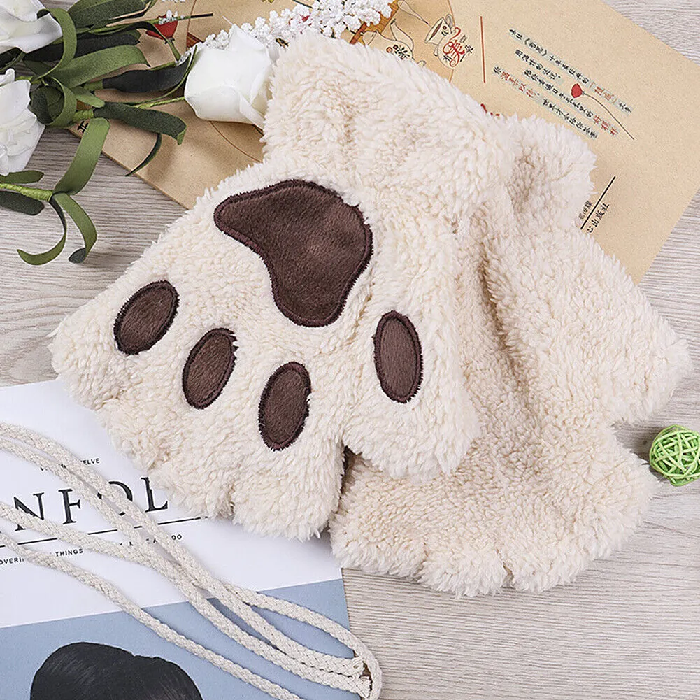 US Cat Claw Bear Paw Gloves Women Warm Plush Faux Fur Cosplay Fingerless Mittens