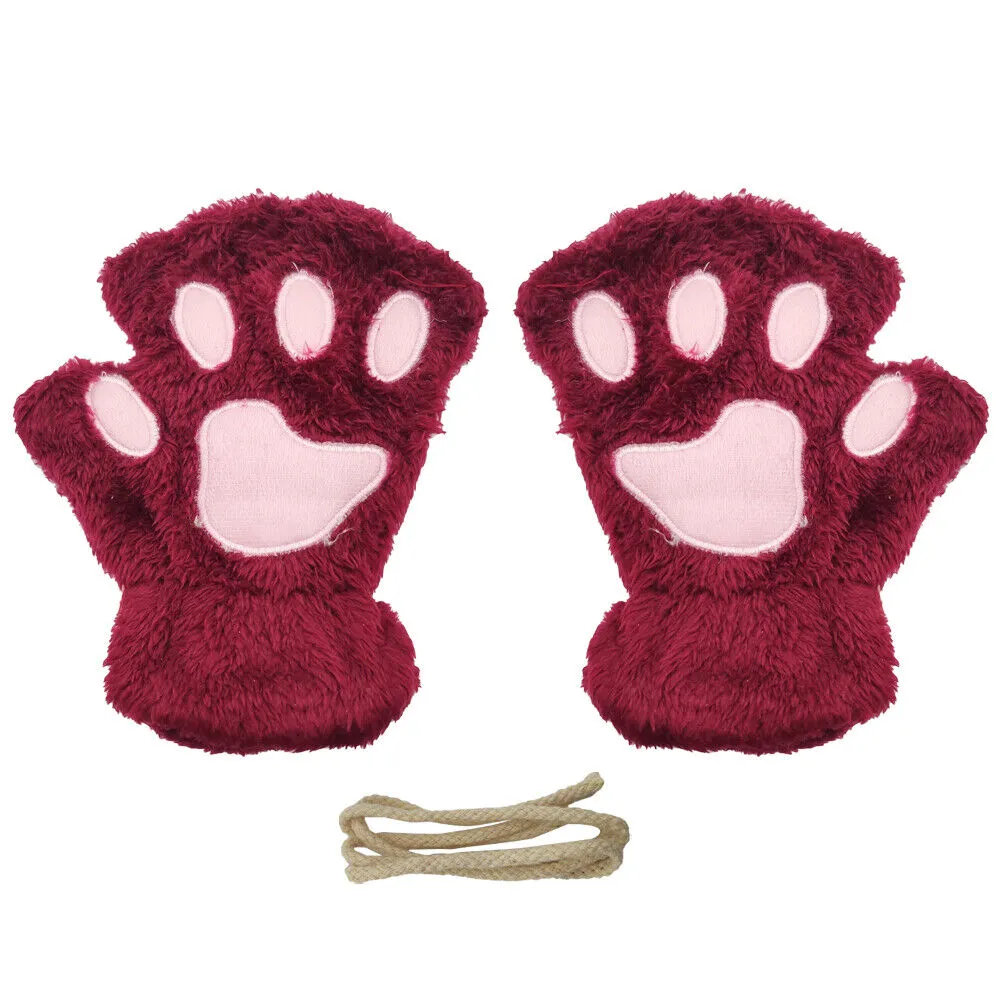 US Cat Claw Bear Paw Gloves Women Warm Plush Faux Fur Cosplay Fingerless Mittens