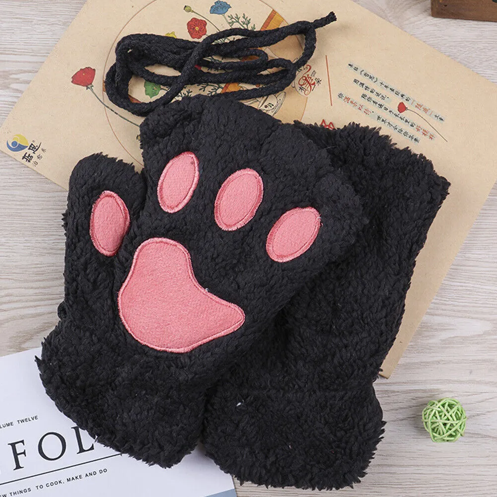 US Cat Claw Bear Paw Gloves Women Warm Plush Faux Fur Cosplay Fingerless Mittens