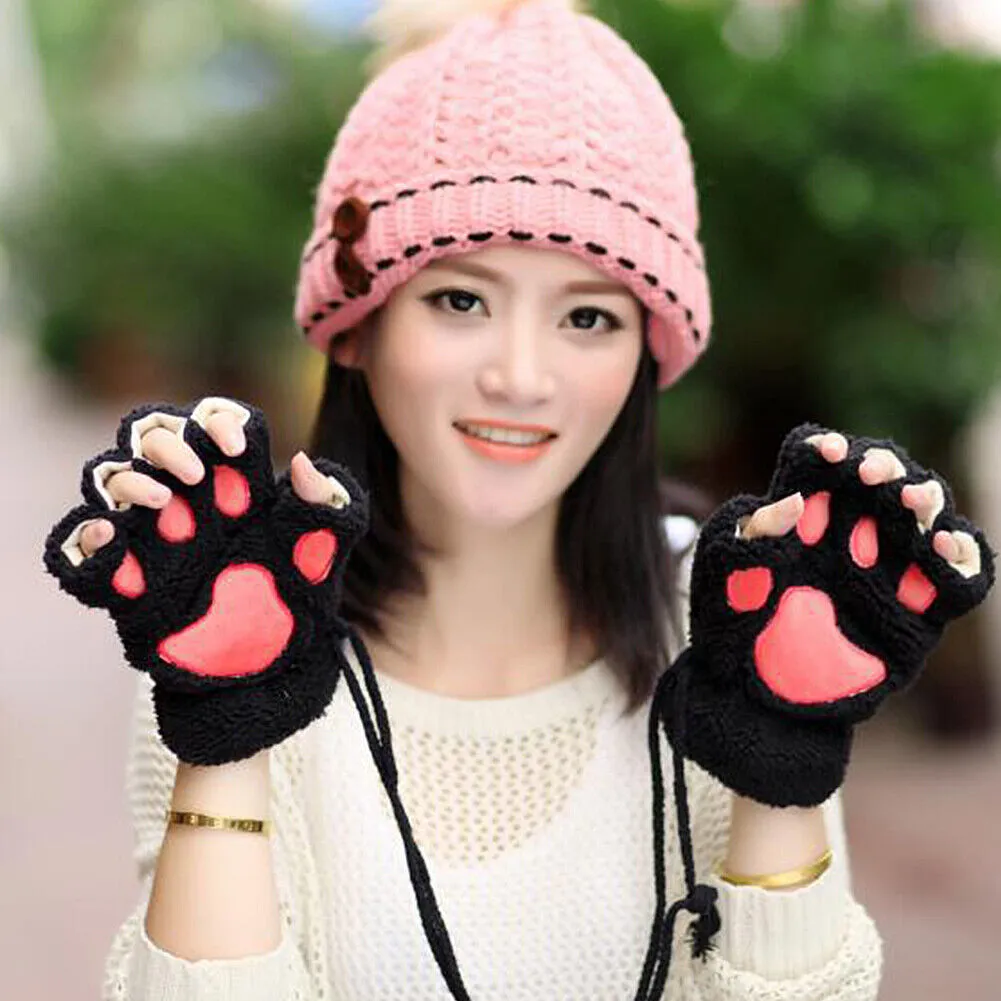 US Cat Claw Bear Paw Gloves Women Warm Plush Faux Fur Cosplay Fingerless Mittens