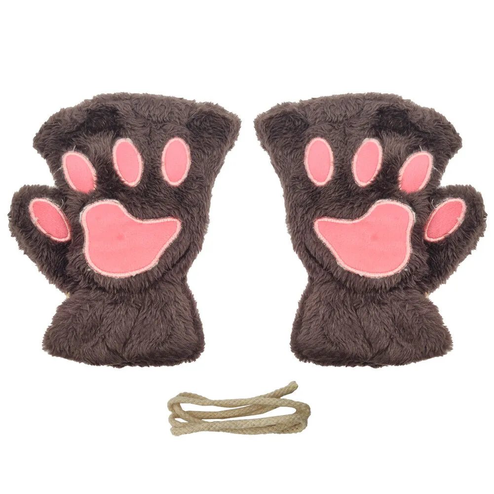 US Cat Claw Bear Paw Gloves Women Warm Plush Faux Fur Cosplay Fingerless Mittens