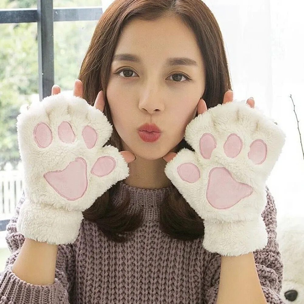 US Cat Claw Bear Paw Gloves Women Warm Plush Faux Fur Cosplay Fingerless Mittens