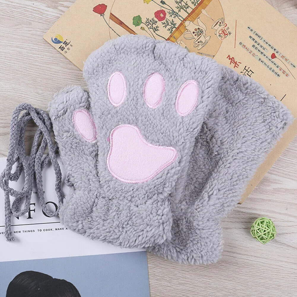 US Cat Claw Bear Paw Gloves Women Warm Plush Faux Fur Cosplay Fingerless Mittens