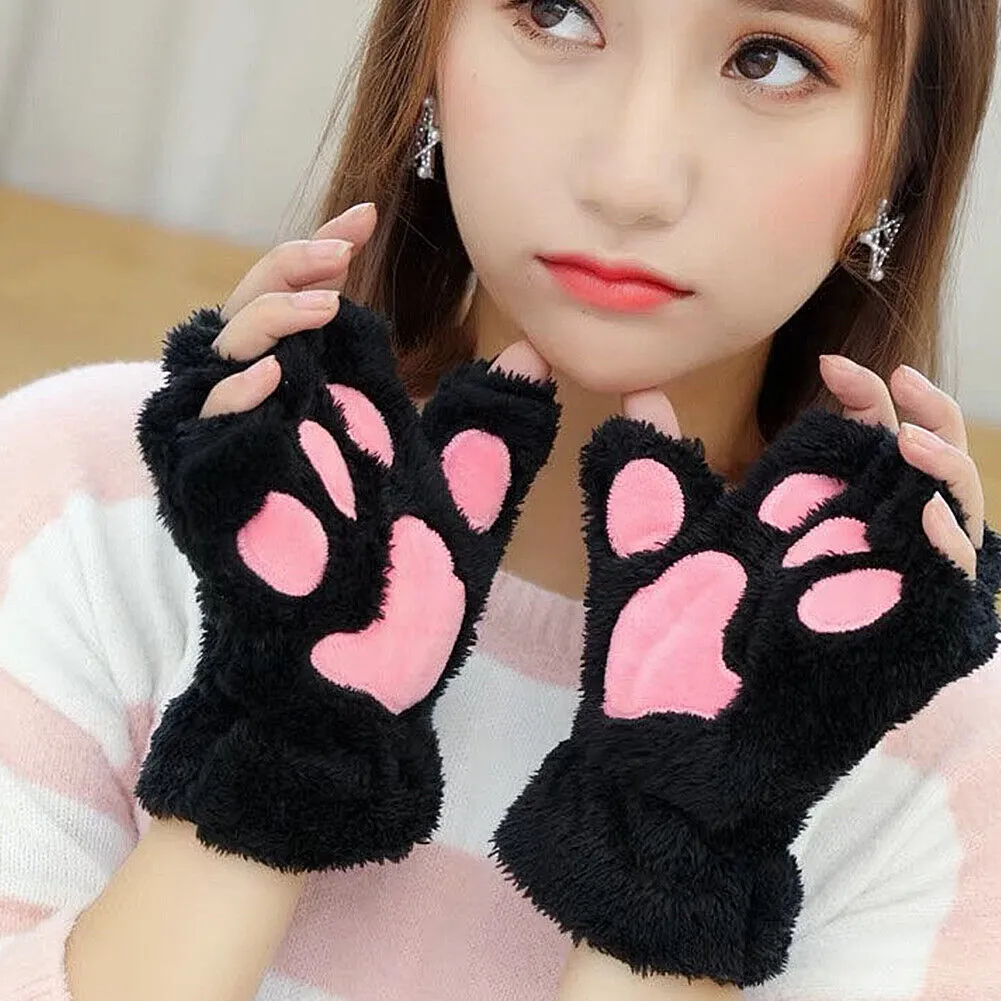 US Cat Claw Bear Paw Gloves Women Warm Plush Faux Fur Cosplay Fingerless Mittens