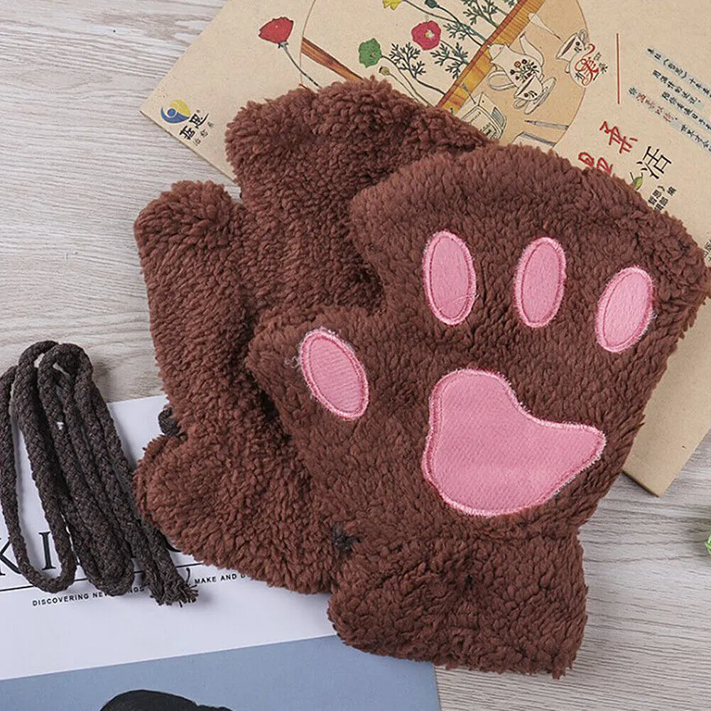 US Cat Claw Bear Paw Gloves Women Warm Plush Faux Fur Cosplay Fingerless Mittens