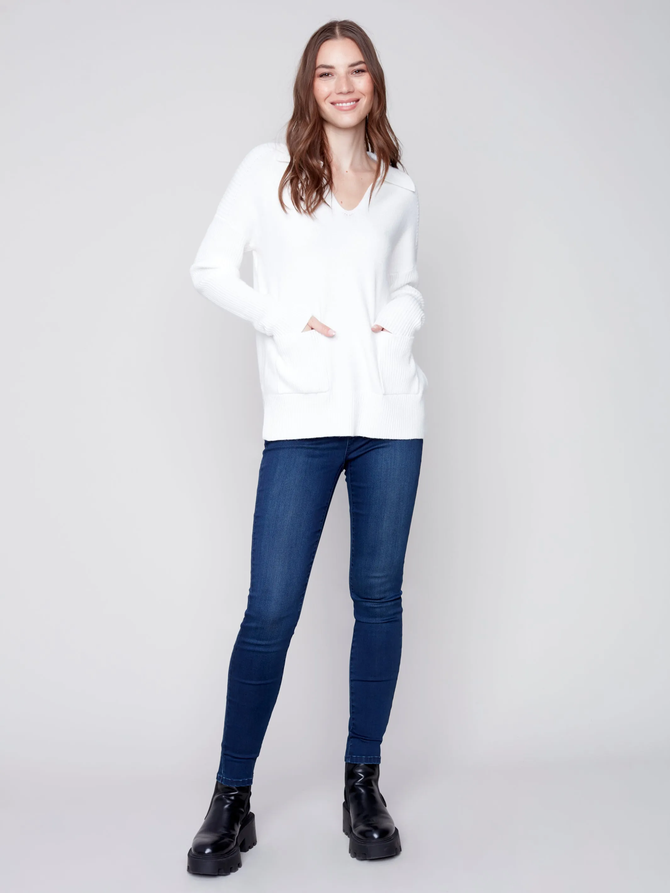 V-Neck Long Sleeves Collar Sweater