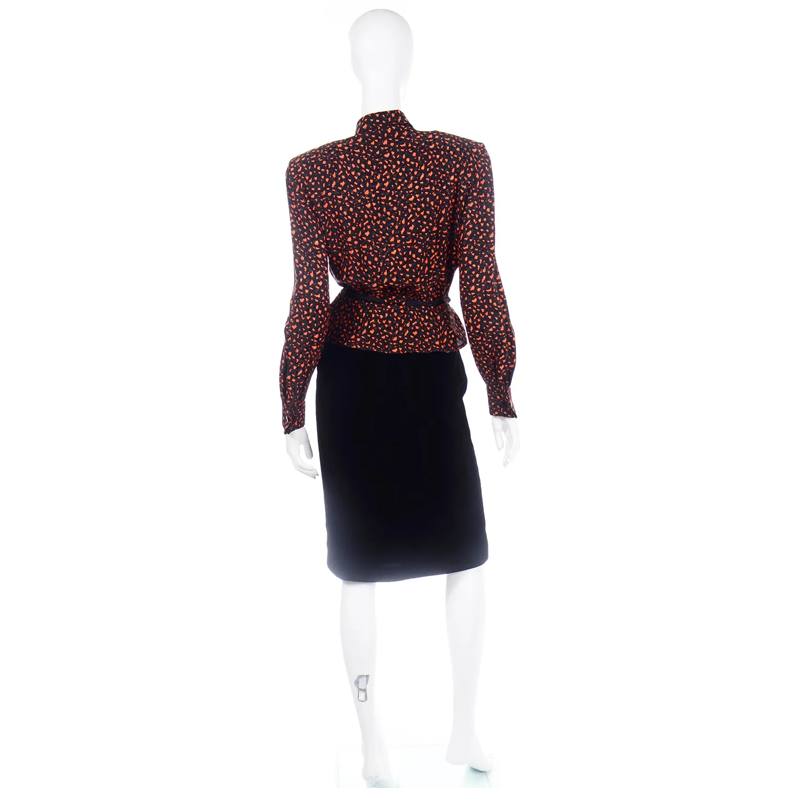 Valentino Vintage Orange & Black Jacket Silk Blouse & Velvet Skirt Suit