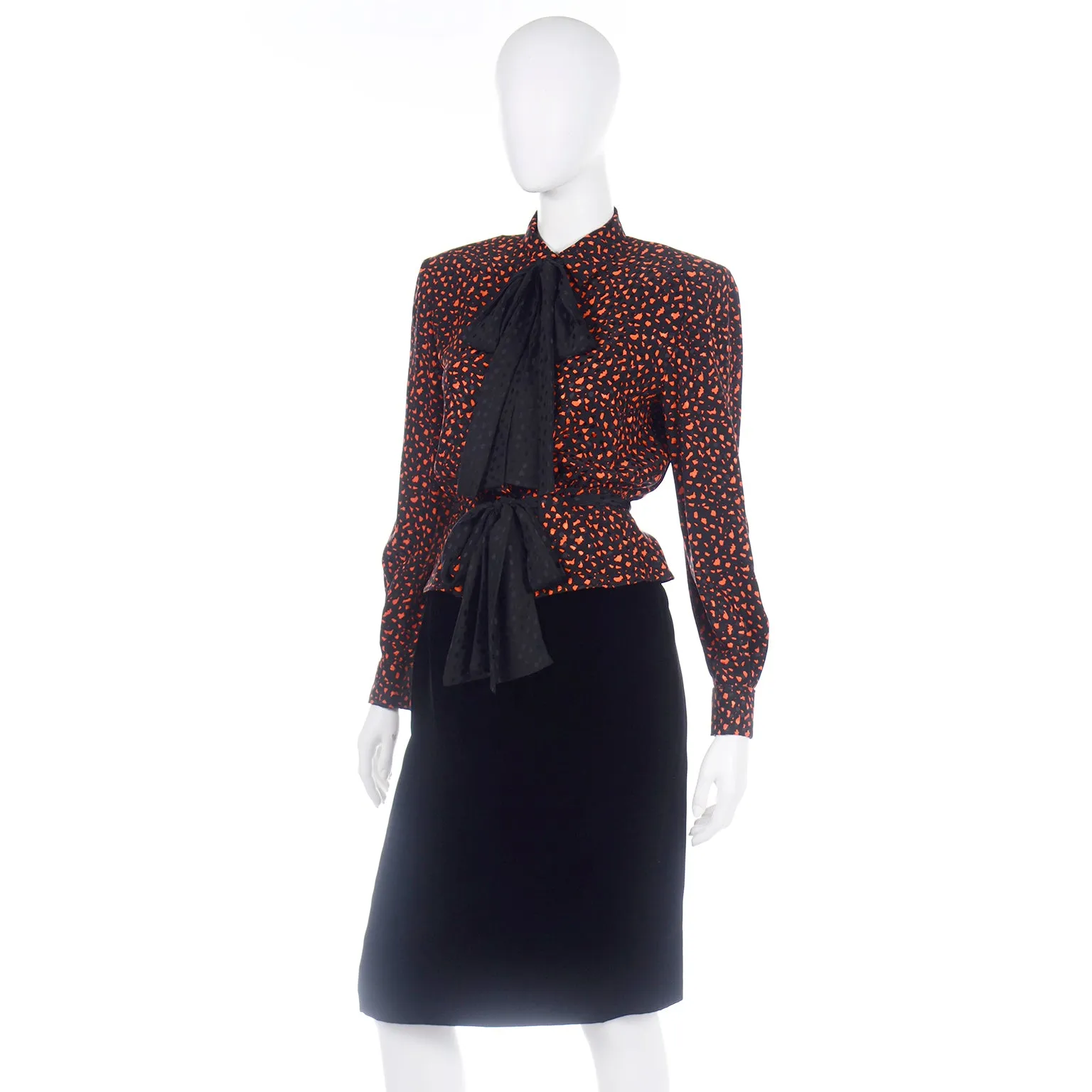 Valentino Vintage Orange & Black Jacket Silk Blouse & Velvet Skirt Suit