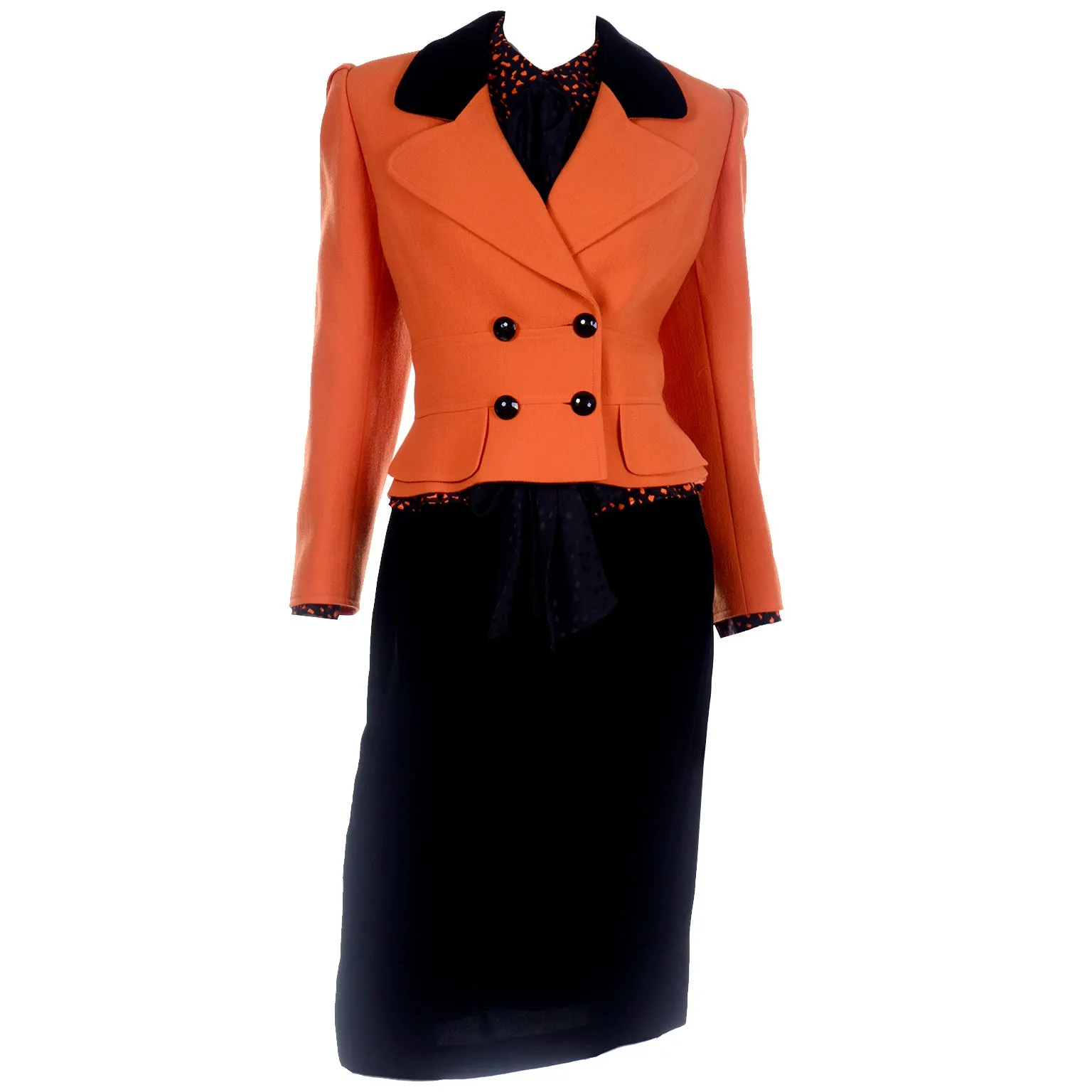 Valentino Vintage Orange & Black Jacket Silk Blouse & Velvet Skirt Suit