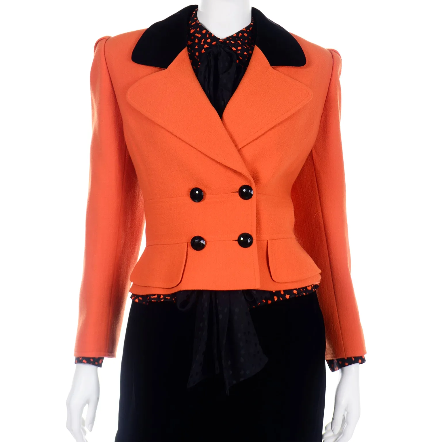 Valentino Vintage Orange & Black Jacket Silk Blouse & Velvet Skirt Suit