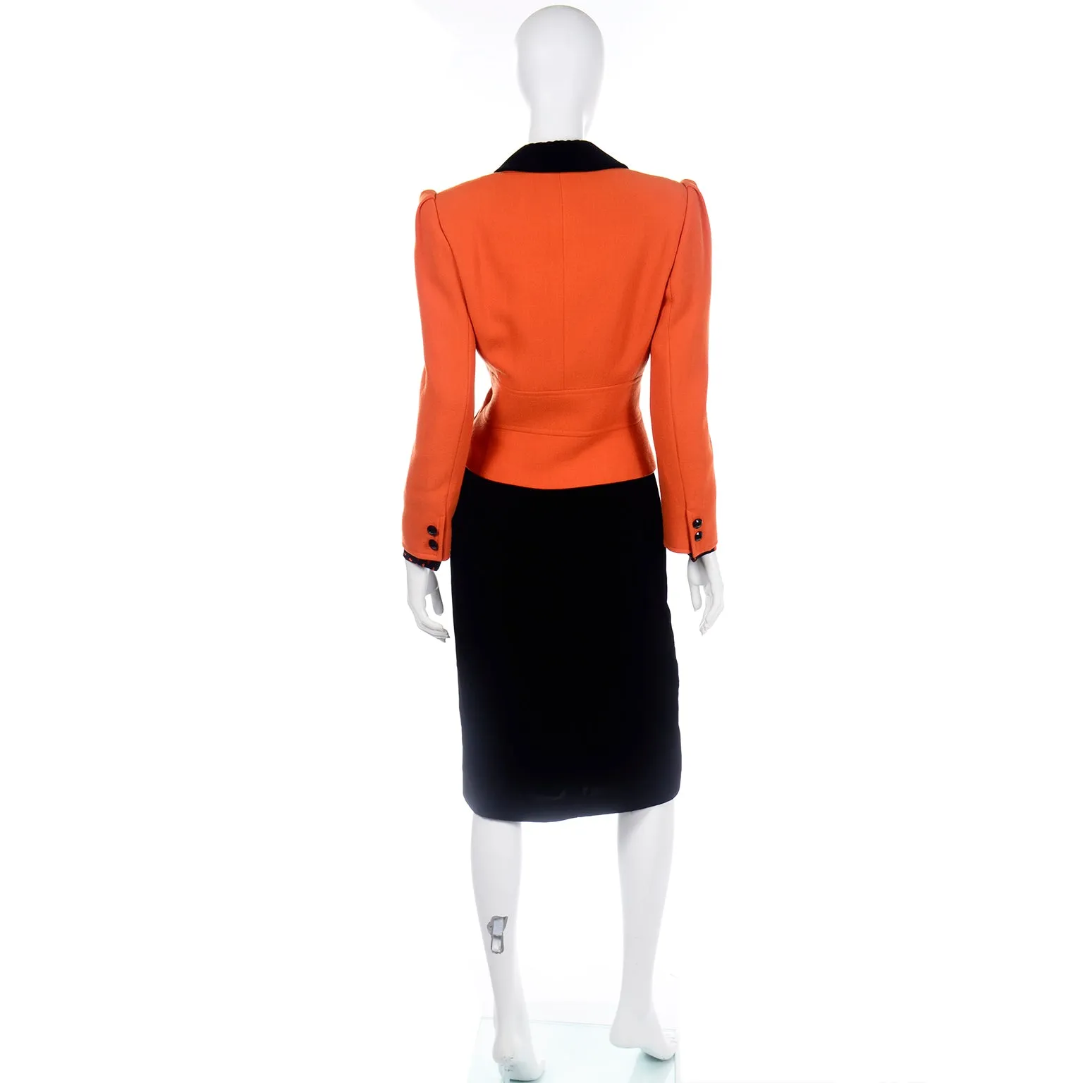 Valentino Vintage Orange & Black Jacket Silk Blouse & Velvet Skirt Suit