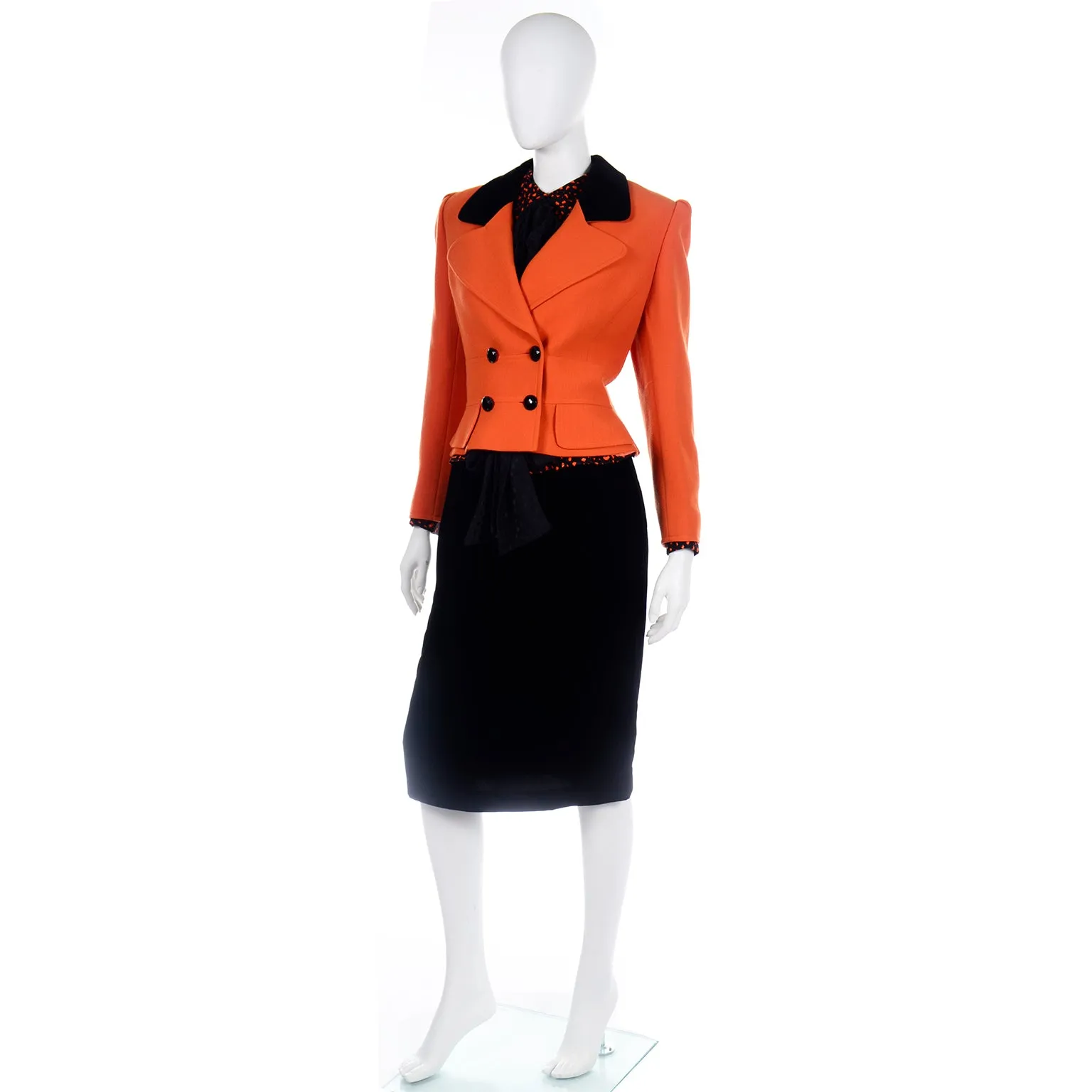 Valentino Vintage Orange & Black Jacket Silk Blouse & Velvet Skirt Suit