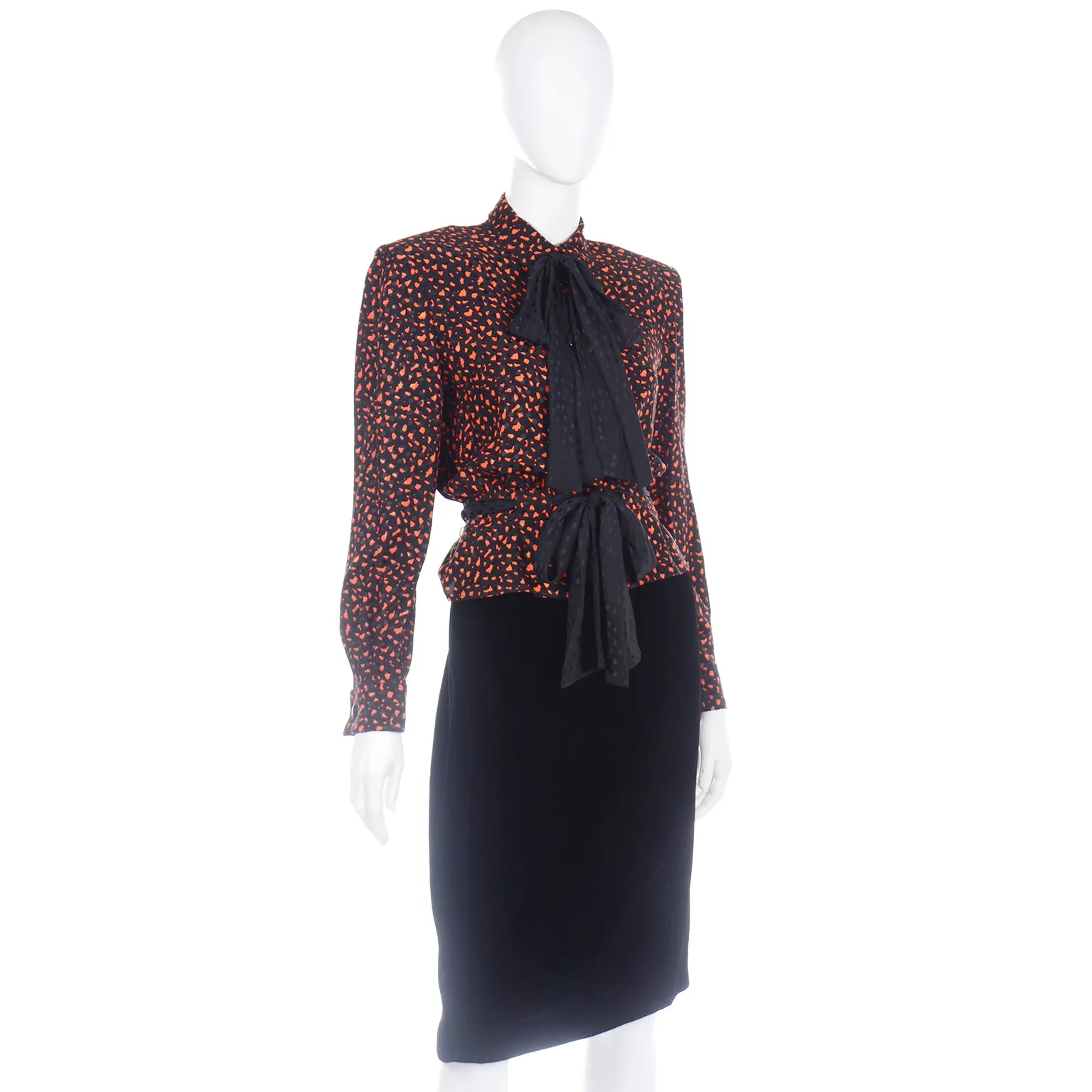 Valentino Vintage Orange & Black Jacket Silk Blouse & Velvet Skirt Suit