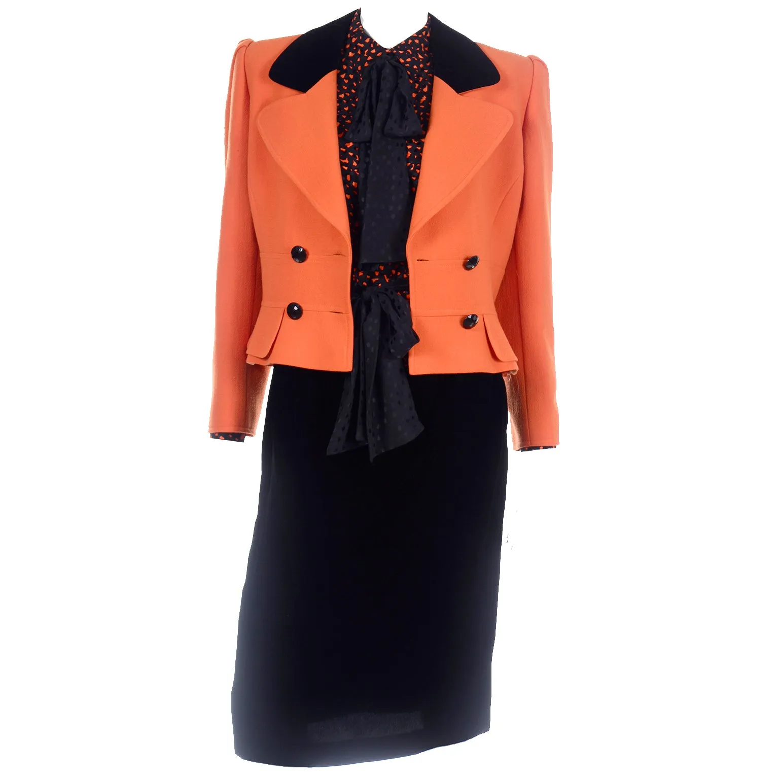 Valentino Vintage Orange & Black Jacket Silk Blouse & Velvet Skirt Suit