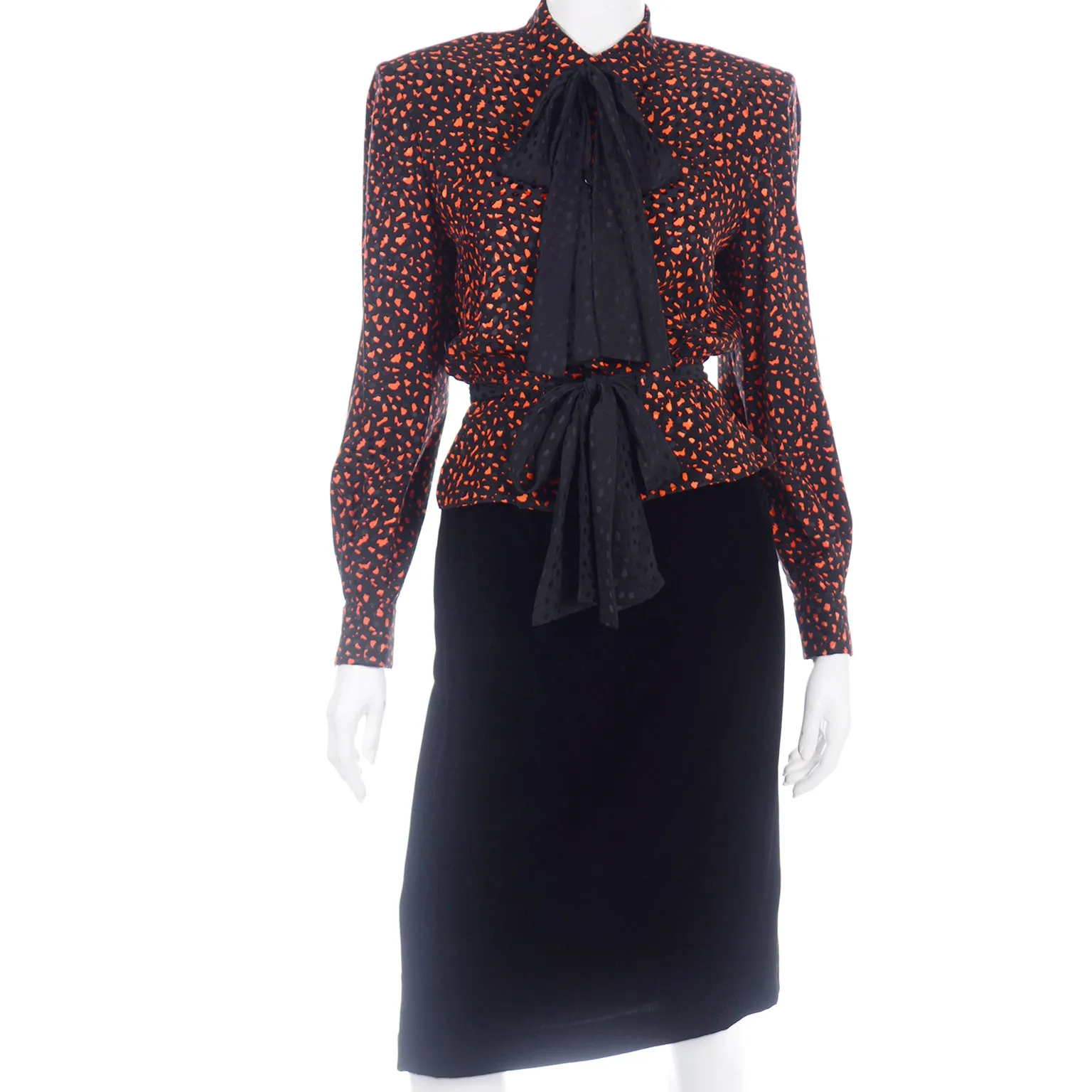 Valentino Vintage Orange & Black Jacket Silk Blouse & Velvet Skirt Suit