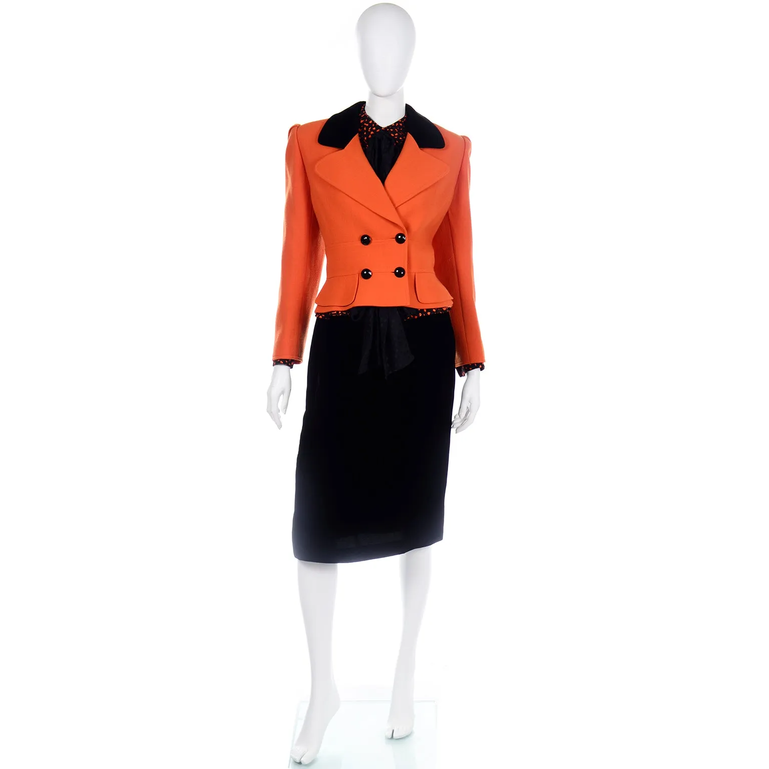 Valentino Vintage Orange & Black Jacket Silk Blouse & Velvet Skirt Suit