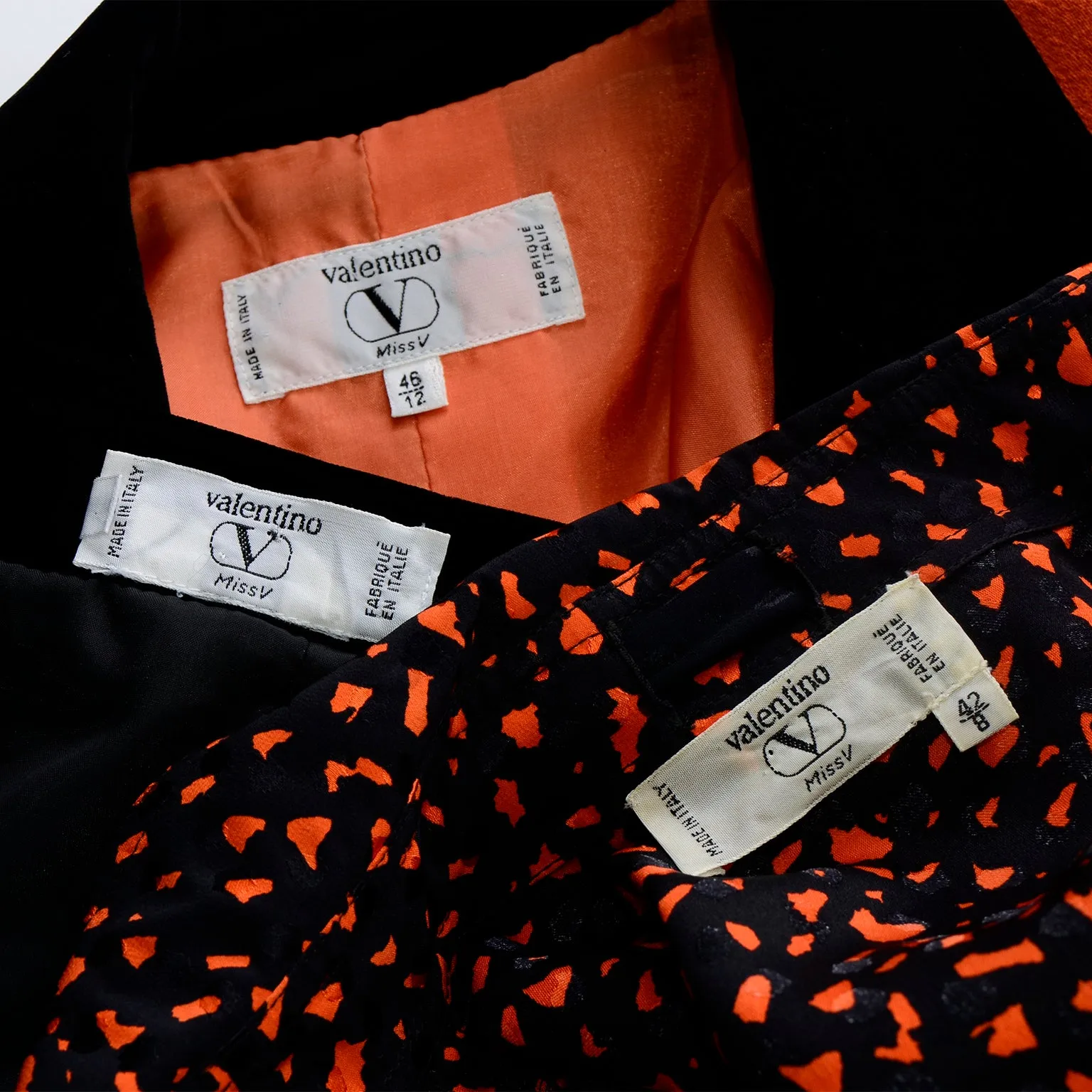 Valentino Vintage Orange & Black Jacket Silk Blouse & Velvet Skirt Suit