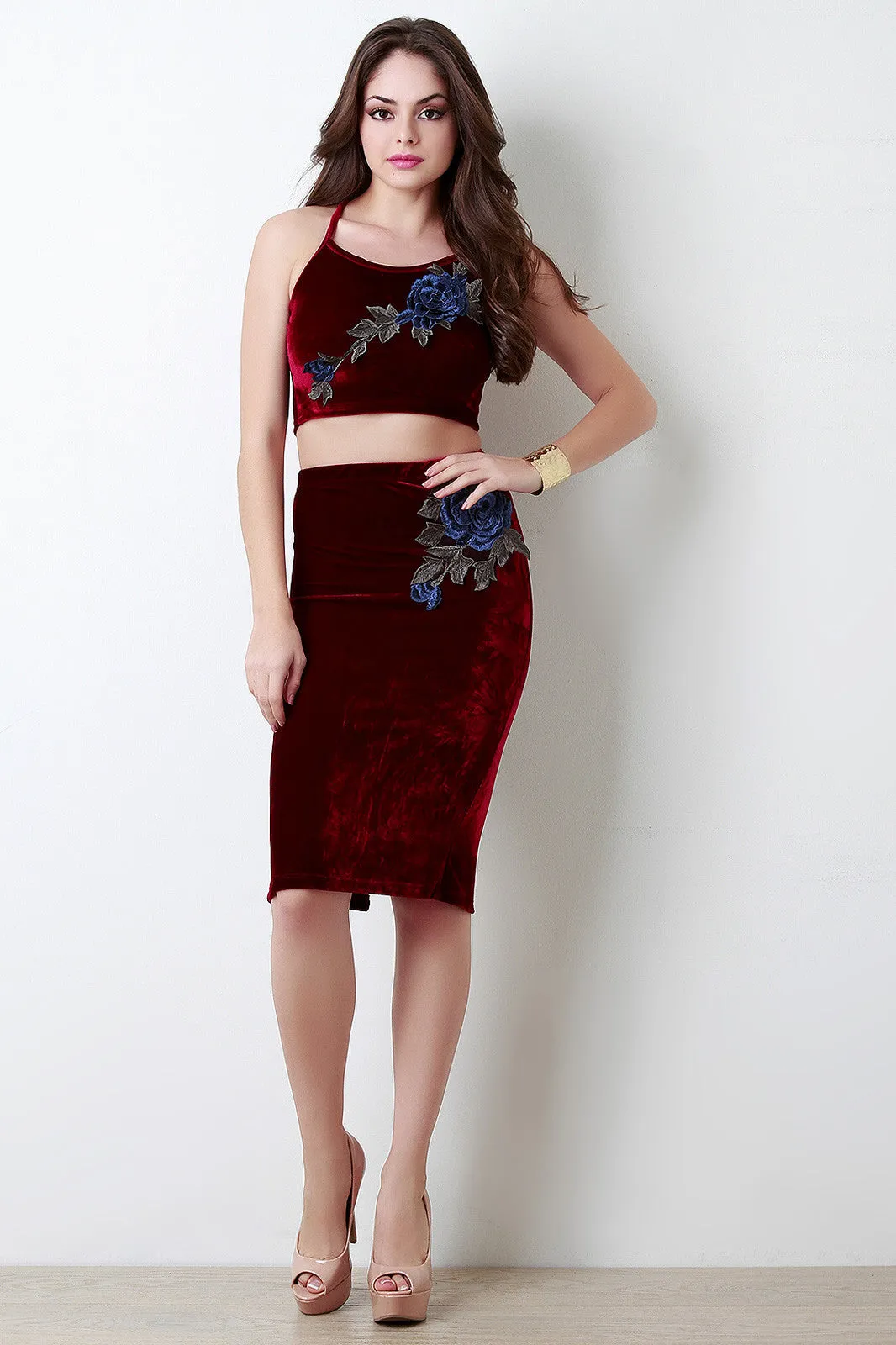 Velvet Embroidered Floral Crop Top