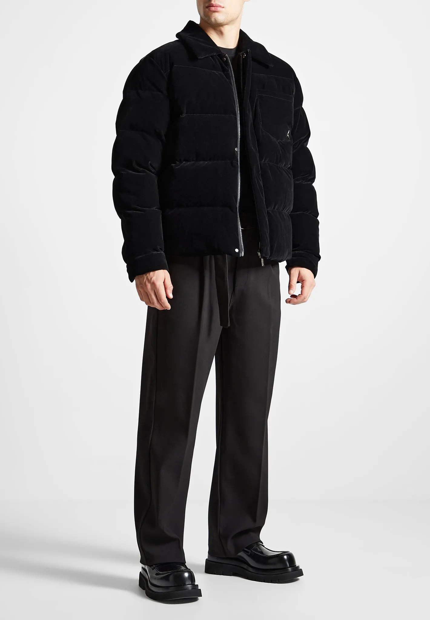 Velvet Puffer Coach Jacket - Black