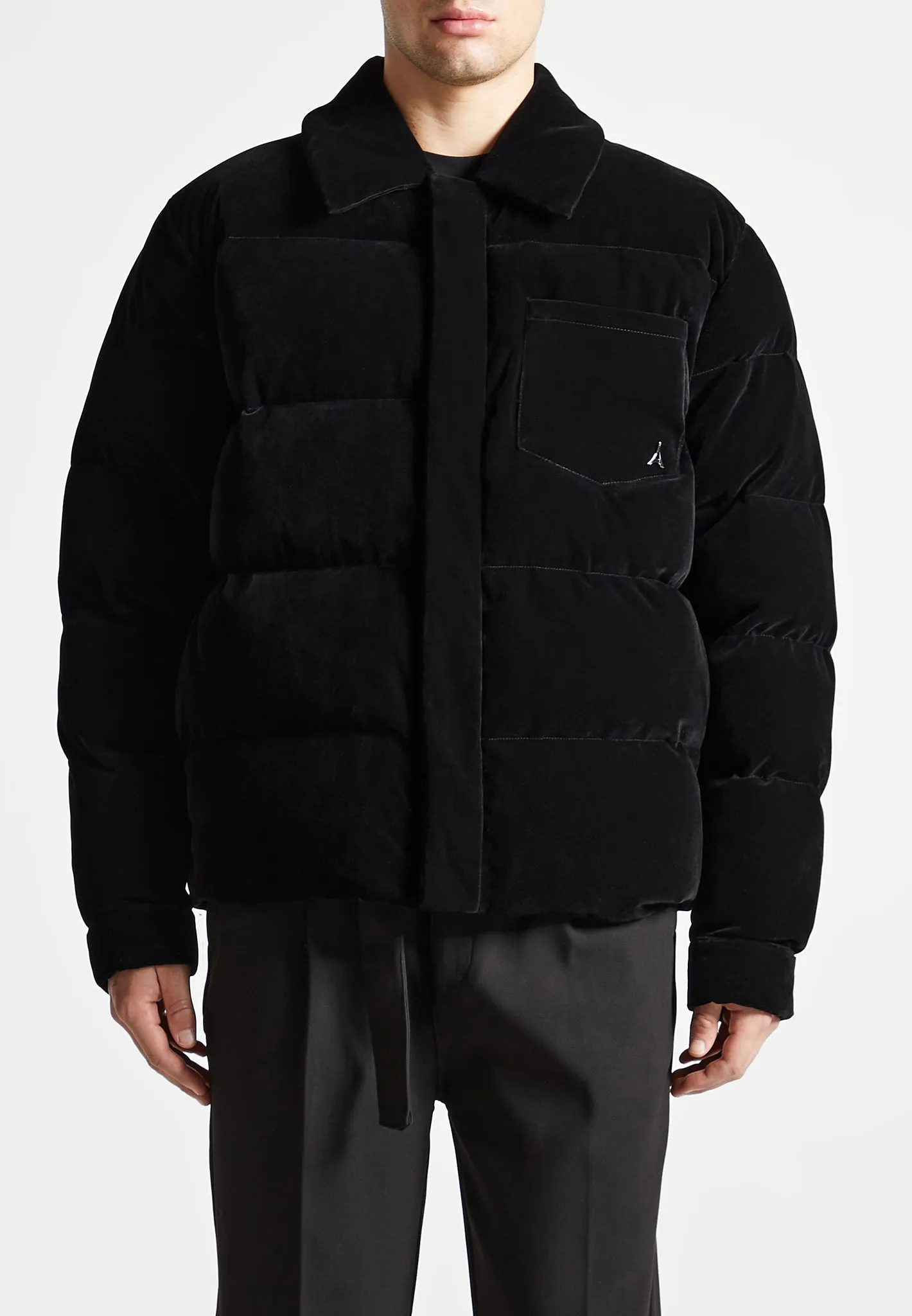 Velvet Puffer Coach Jacket - Black