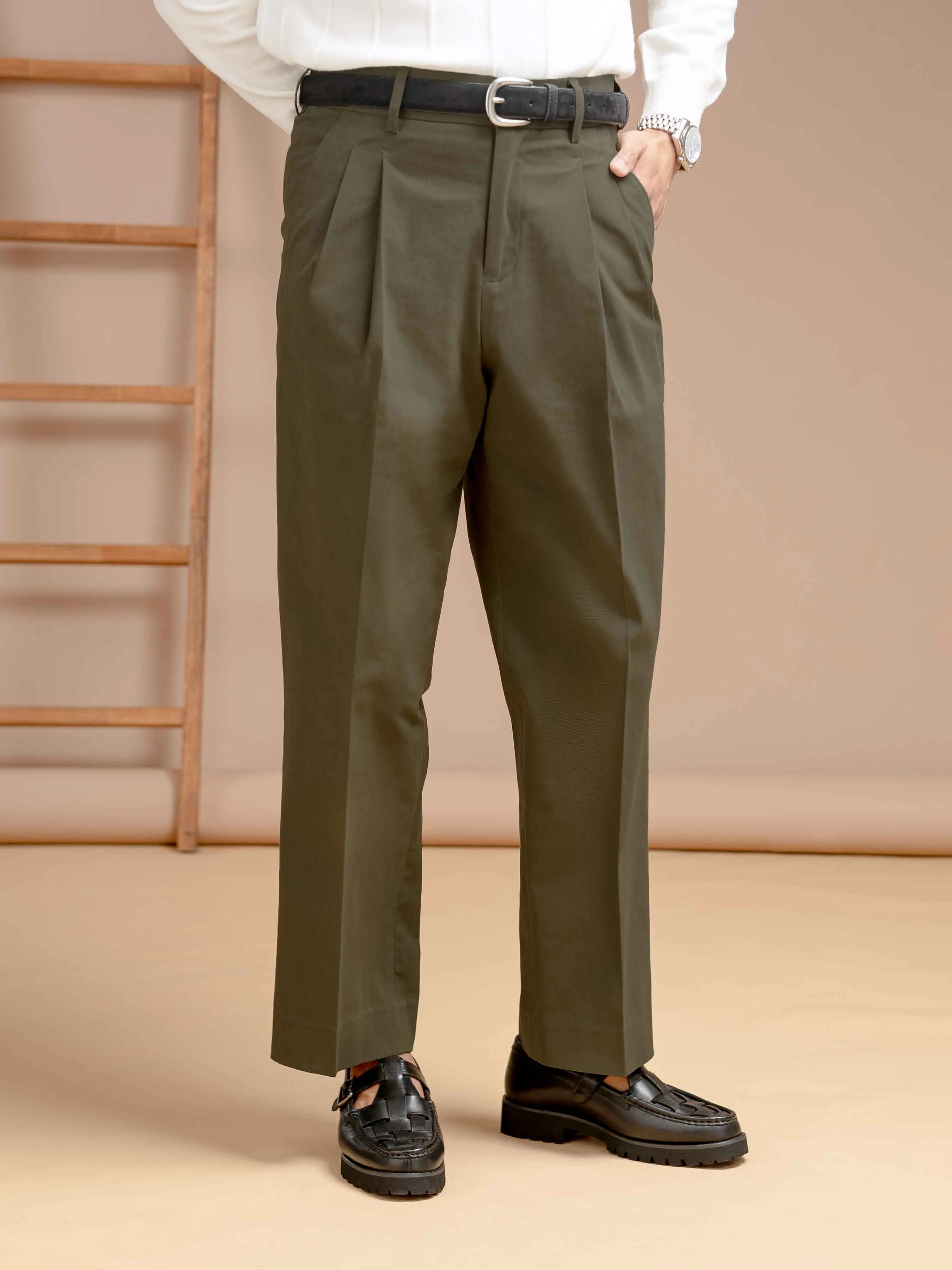 Venezia Pleated Trousers - Green (Wide Fit)