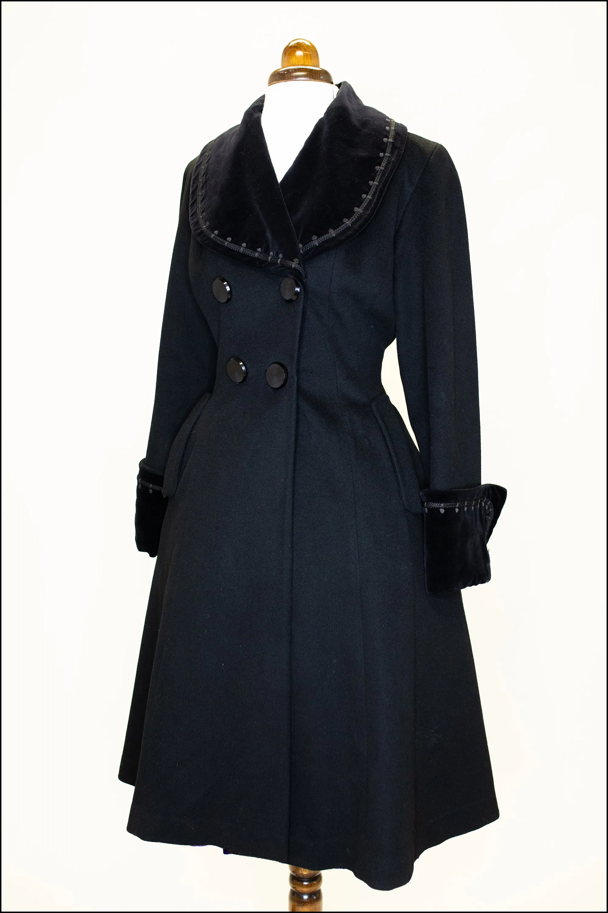 Vintage 1950s Black Wool Velvet Princess Coat