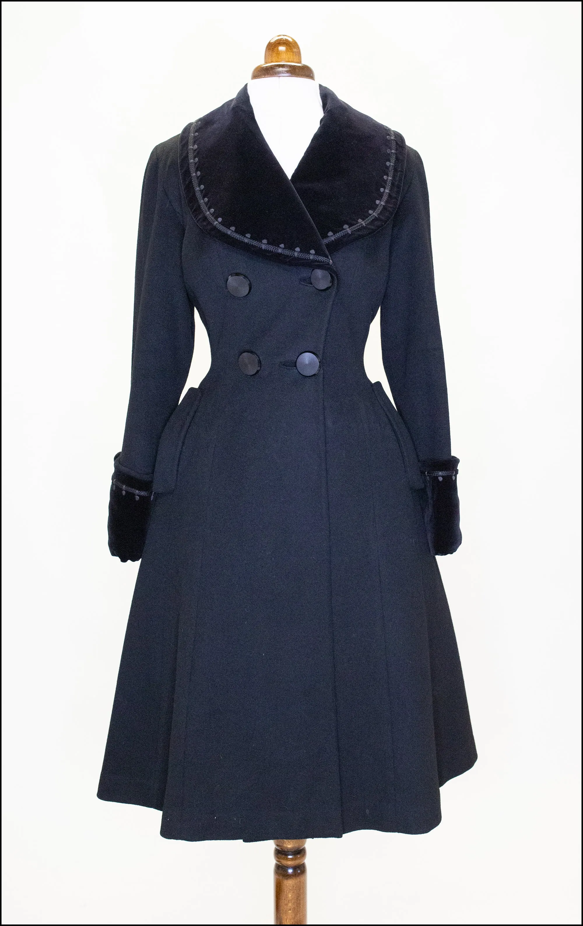 Vintage 1950s Black Wool Velvet Princess Coat