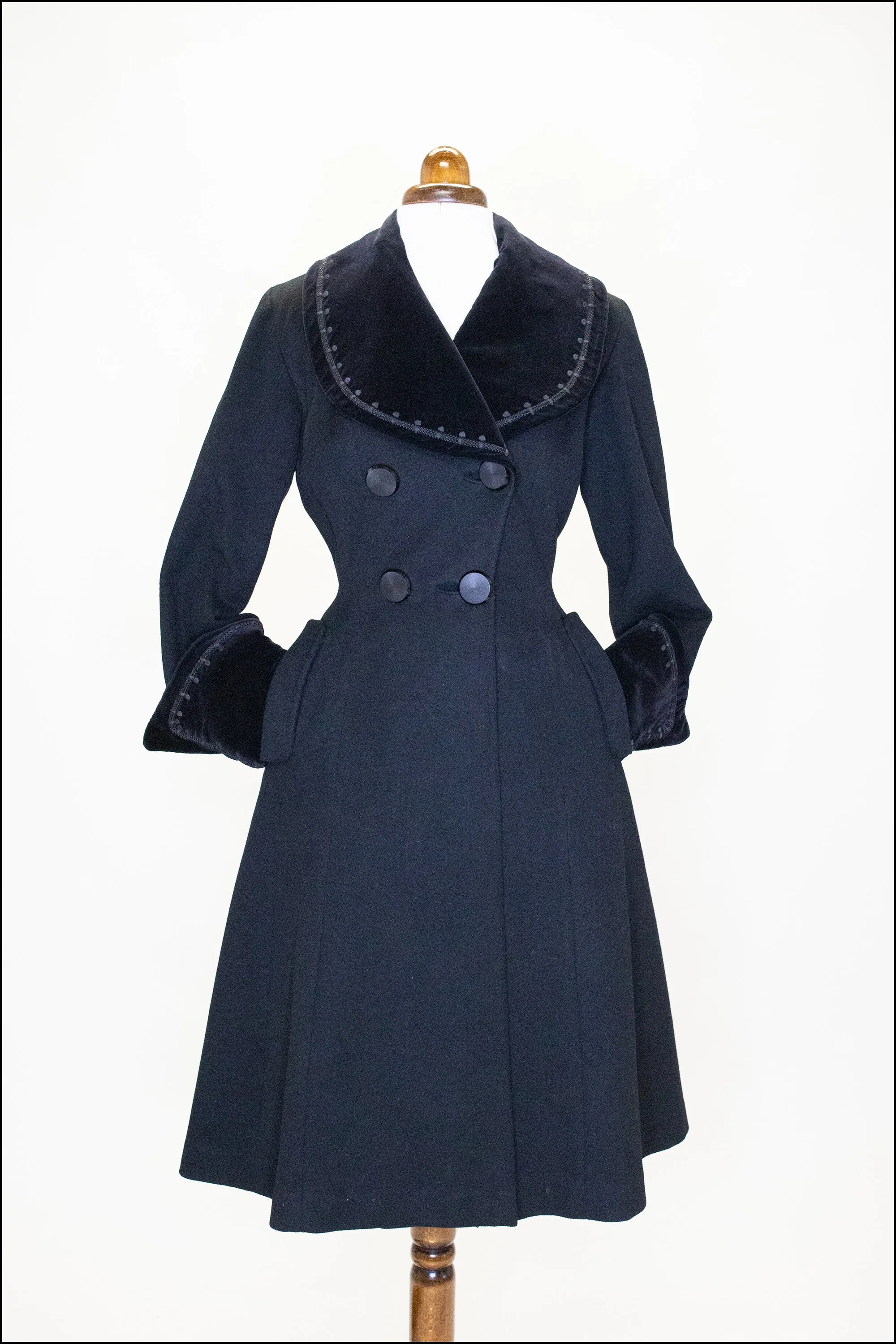 Vintage 1950s Black Wool Velvet Princess Coat