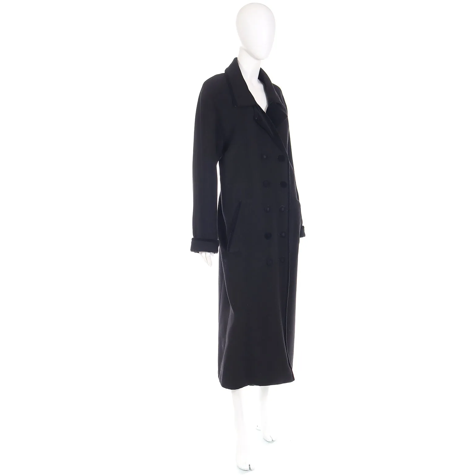 Vintage Black Wool Coat With Black Velvet Trim