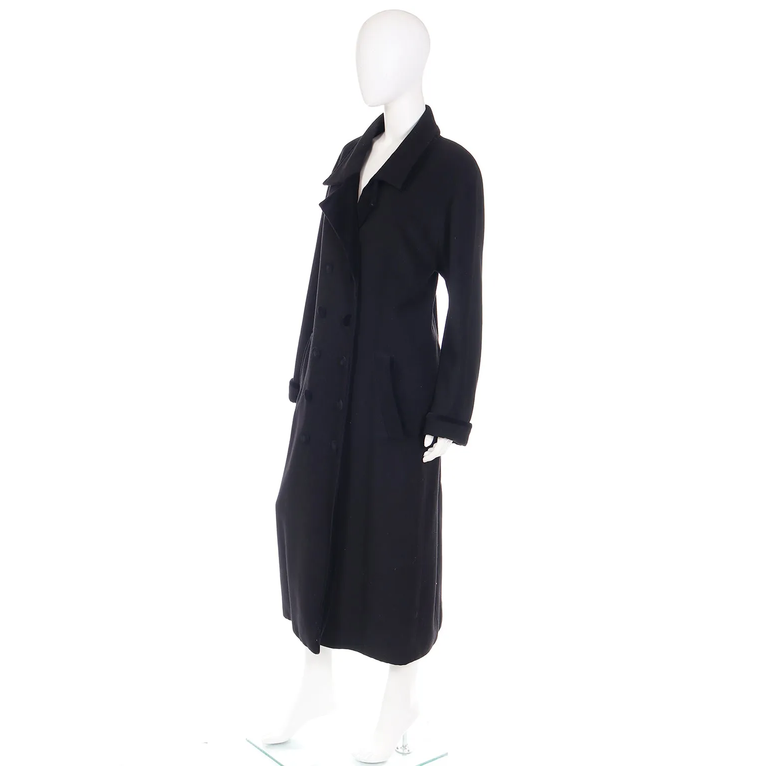 Vintage Black Wool Coat With Black Velvet Trim