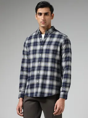 WES Casuals Navy Plaid Checked Cotton Relaxed-Fit Shirt