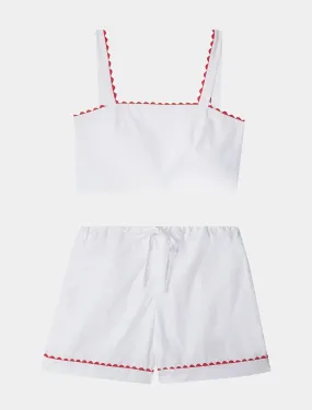 White Crop Top and Shorts Matching Set With Red Ric Rac Trim - 100% Cotton Poplin